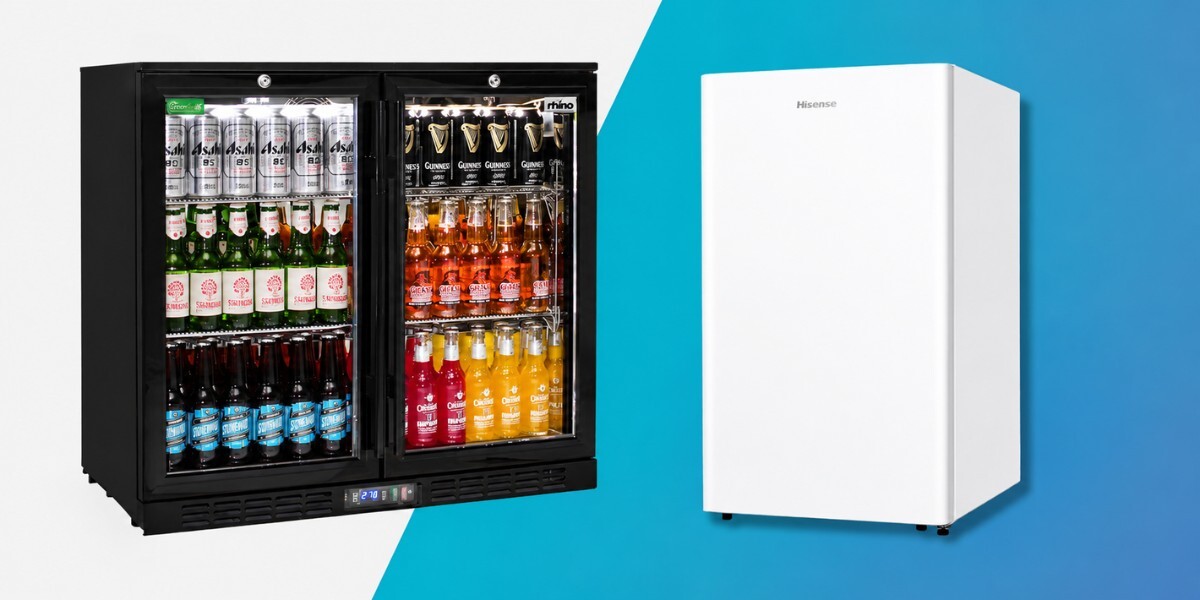 A Rhino brand alfresco outdoor glass door bar fridge and a Hisense indoor bar fridge