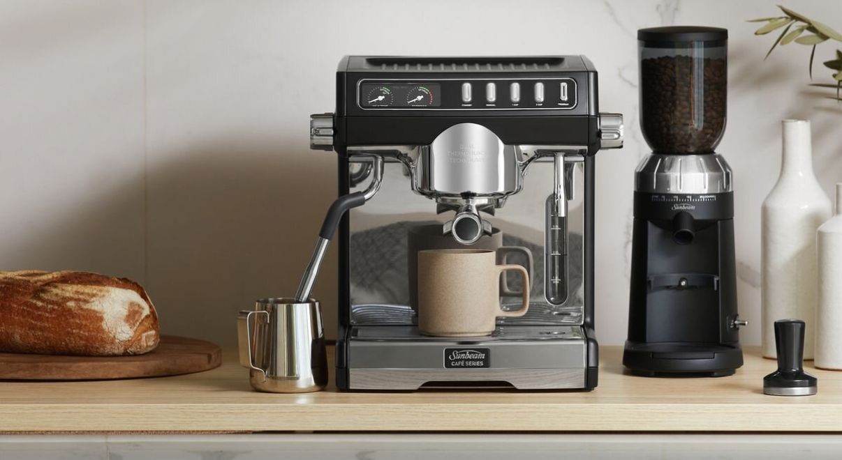 The Sunbeam Café Series Duo Espresso Machine EMM7200BK on a kitchen benchtop