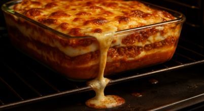 A lasagne cooking in an oven with cheese sauce dripping down the sides of the glass container onto the base of the oven