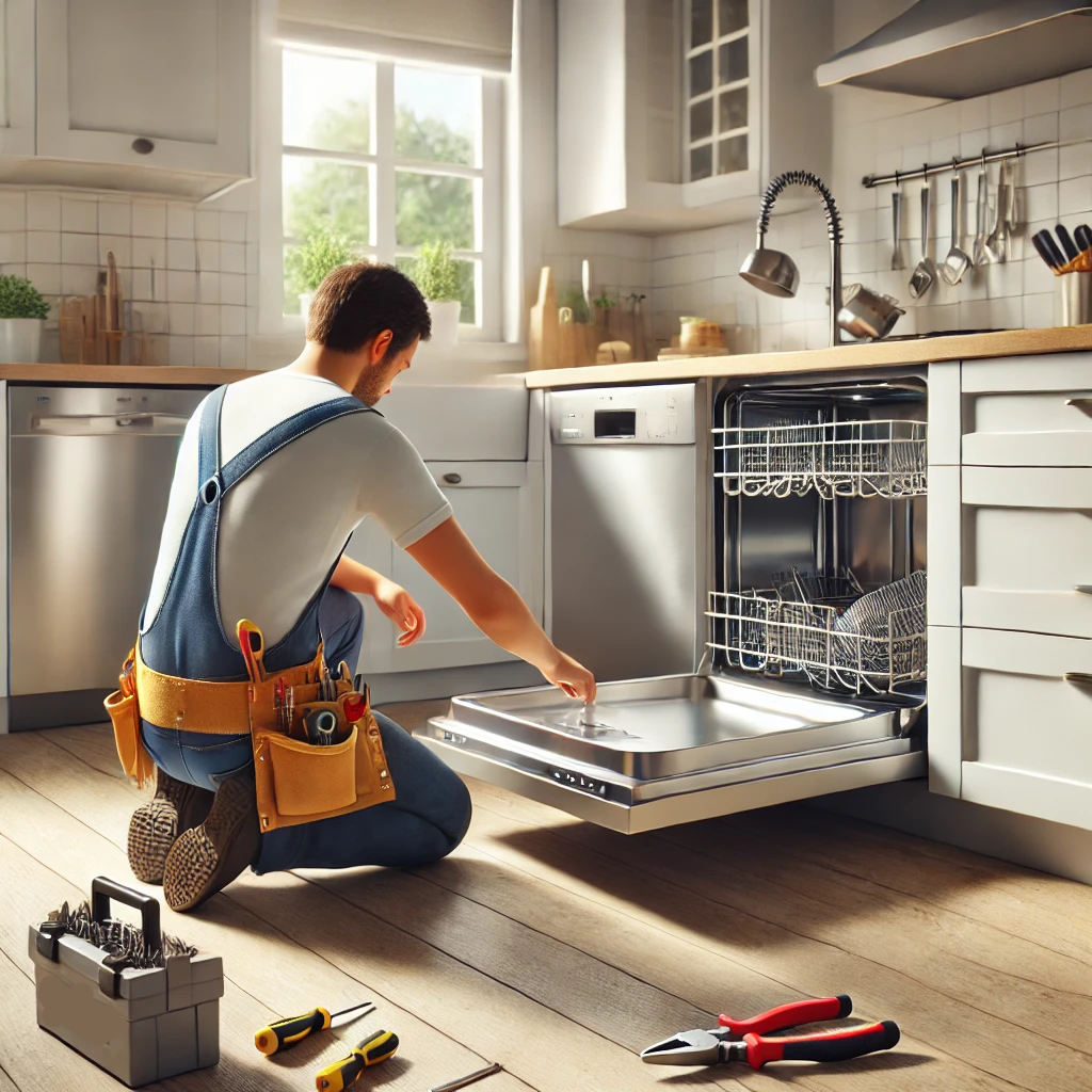 A man repairing a dishwasher