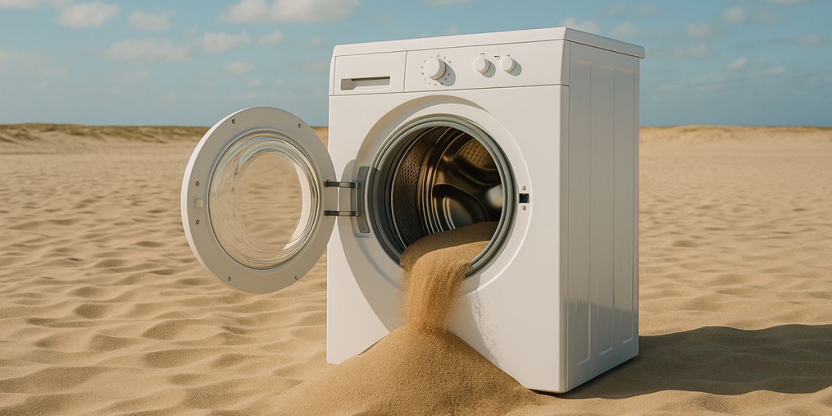 A washing machine in a desert setting with sand pouring out of its open door