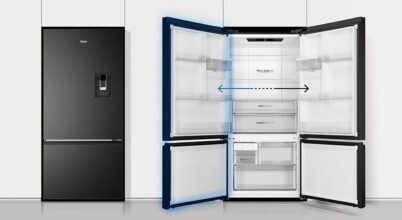 Haier HRF510 bottom-mount fridges can be set to open from either the left or right, making them easy to fit any kitchen layout