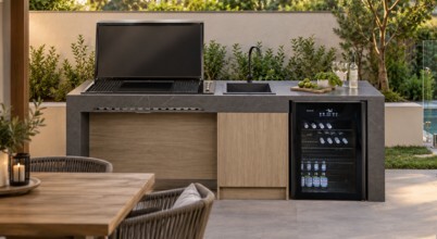 An Artusi outdoor fridge built into an alfresco kitchen